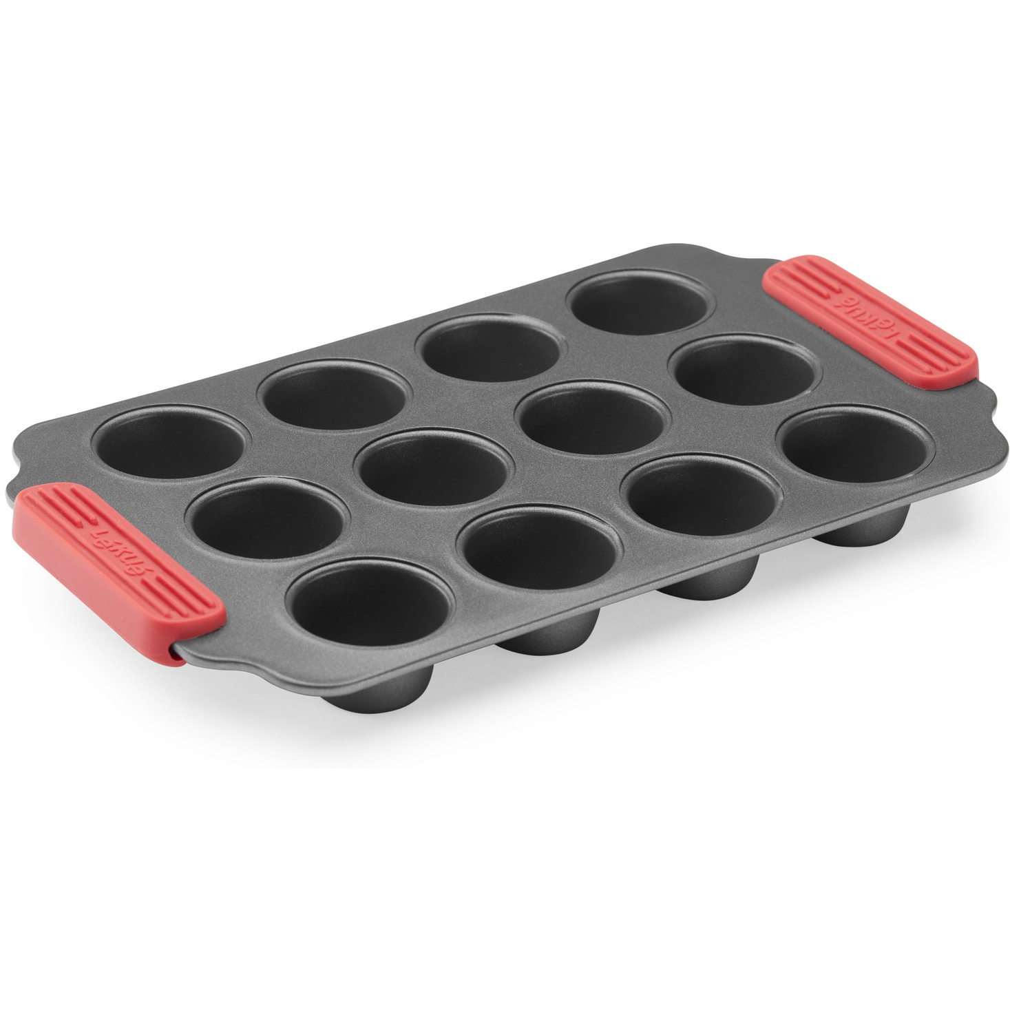 Lékué Non-Stick Mini Muffins Mould tapadásmentes mini muffin sütőforma, 12db muffinhoz, acél, szilikon piros fogantyúk, szürke - 887406