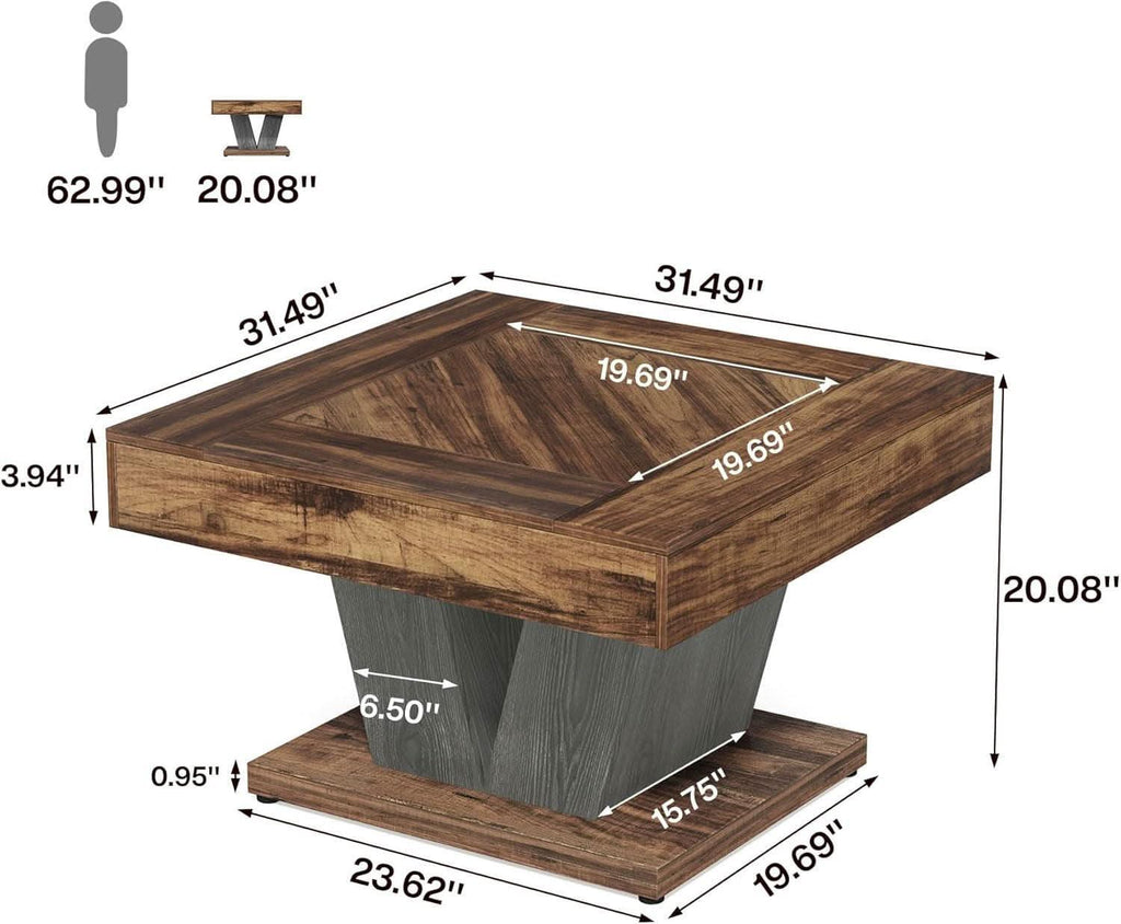 Square Wood Coffee Table 31.5 Inches Walnut Brown Finish