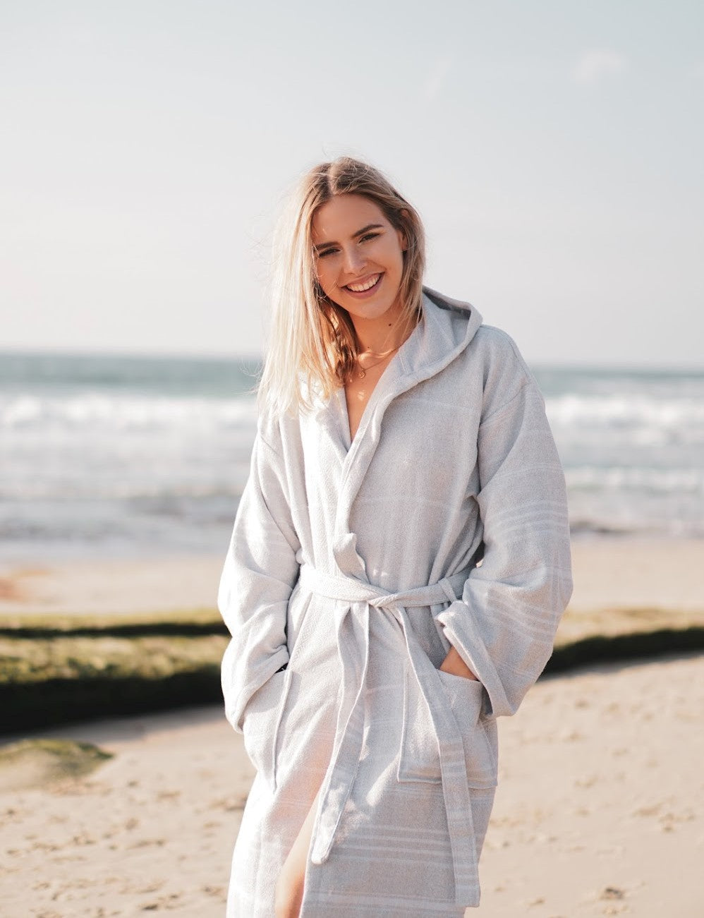 Del Mar Navy Turkish Towel Terry Bathrobe – 100% Turkish Cotton Hooded Unisex Spa Robe (S/M, L/XL)