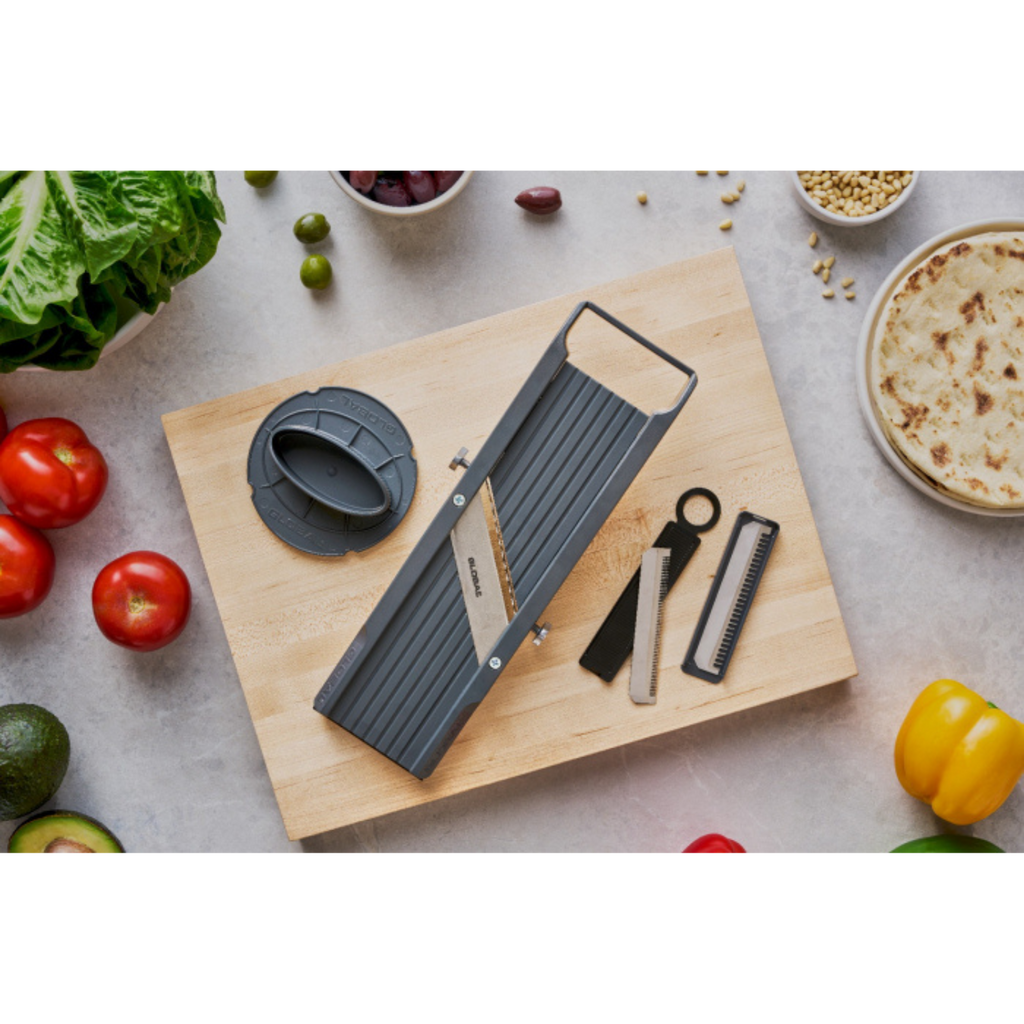 GLOBAL Vegetable Slicer Mandoline XL with Blade Case – 3 Serrated Blades,