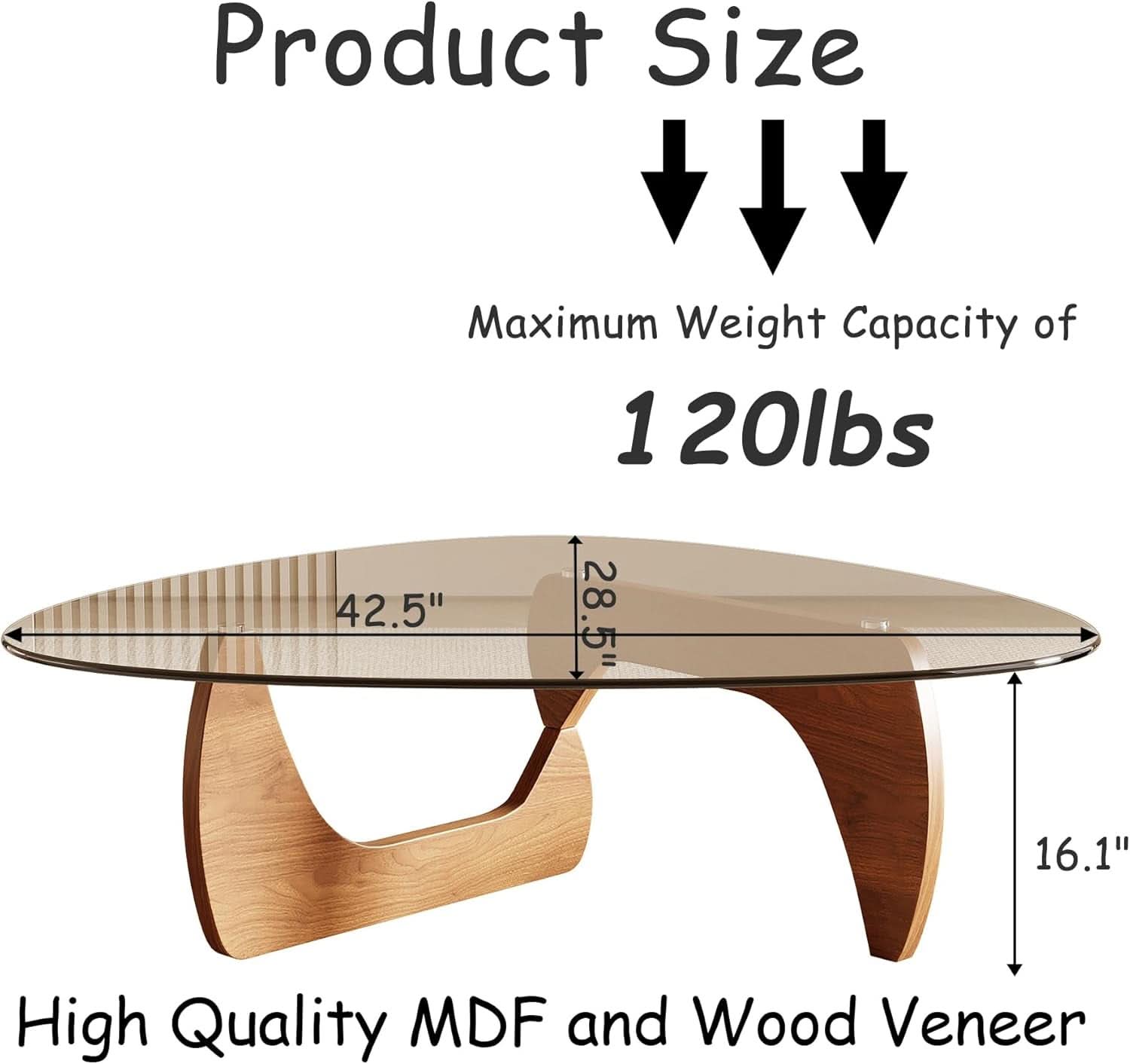 42.5 Inch Triangular Glass Coffee Table Natural Wood