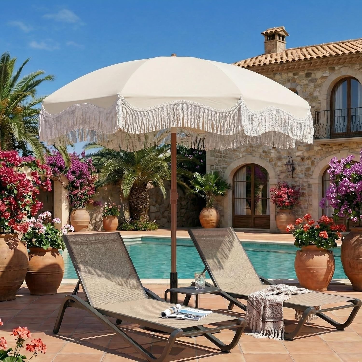 7Ft Boho FringeTasselDecorativeTrim Patio Umbrella UPF50