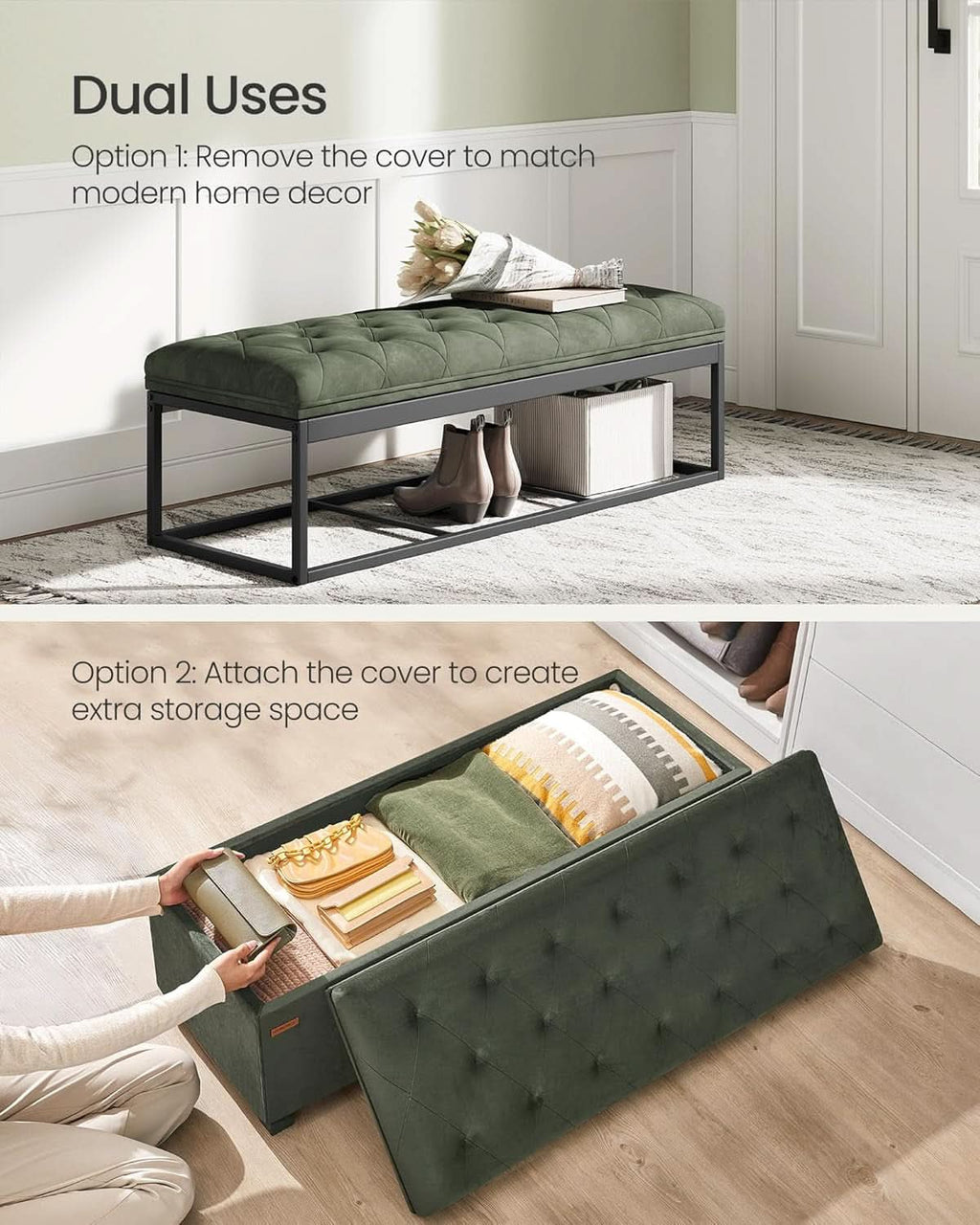 Forest Green Velvet Storage Ottoman Bench Entryway