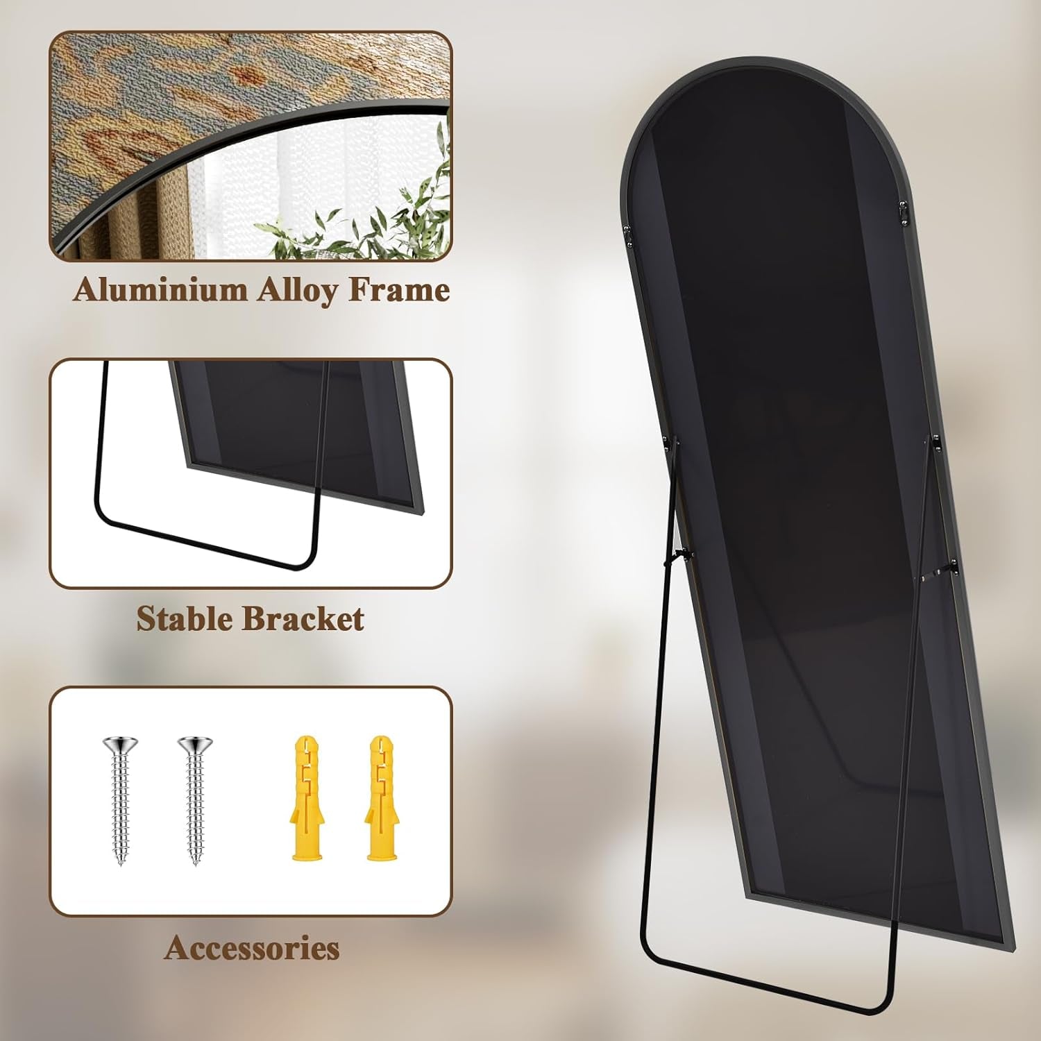 Arched Full Length Mirror 71x26 Inch Floor Standing Black Aluminum Frame