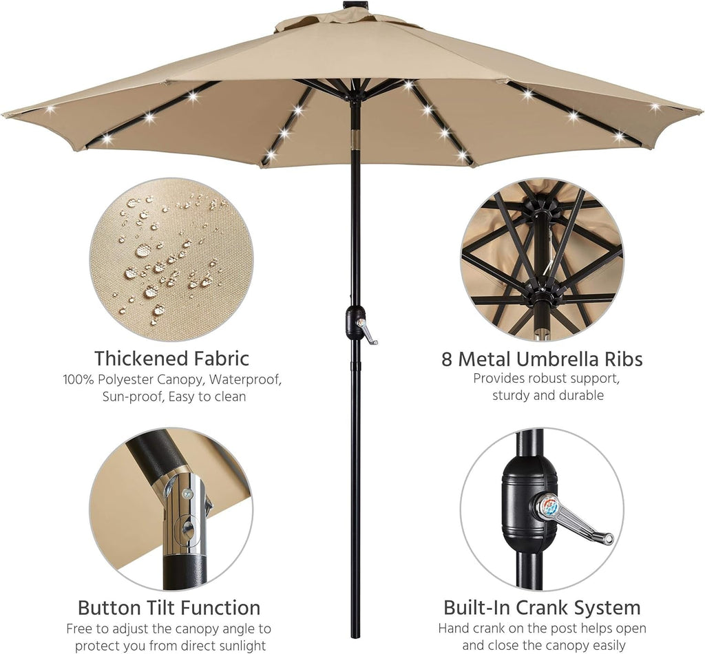 9ft Tan SolarPowered WeatherResistant Patio Umbrella