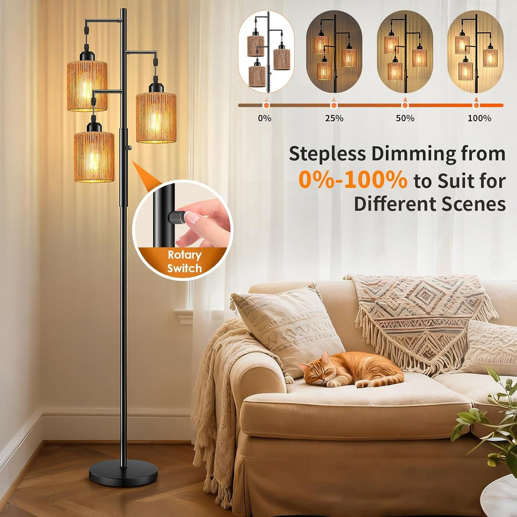 72 Inch Boho Floor Lamp Handwoven Shade Dimmable Lighting