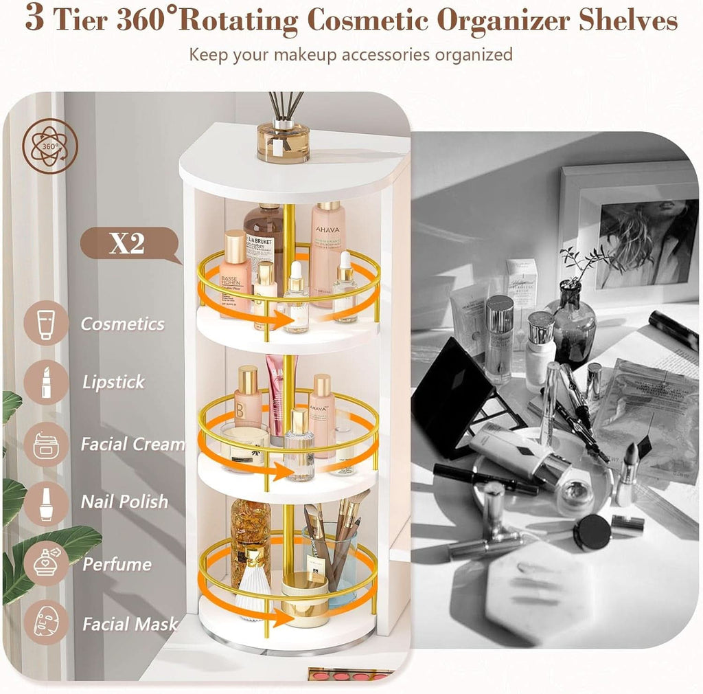 White Illuminated Vanity Desk With Rotating Organizer