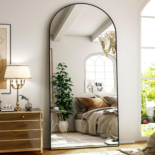 Arched Full Length Mirror 71x26 Inch Floor Standing Black Aluminum Frame
