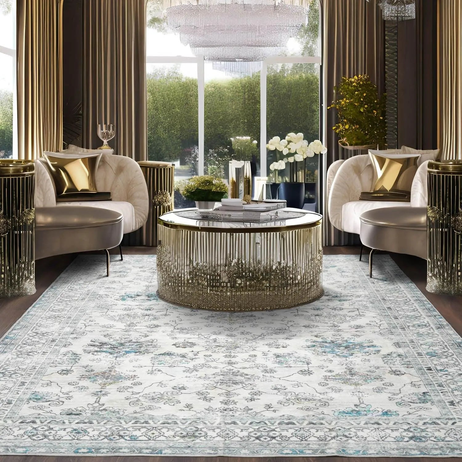 Multi Size Ivory Machine Made Traditional washable Polyester Oriental Area Rug