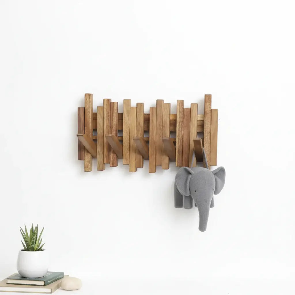 Acacia wood coat rack Wall Mounted with Flip Down Hooks, Entryway