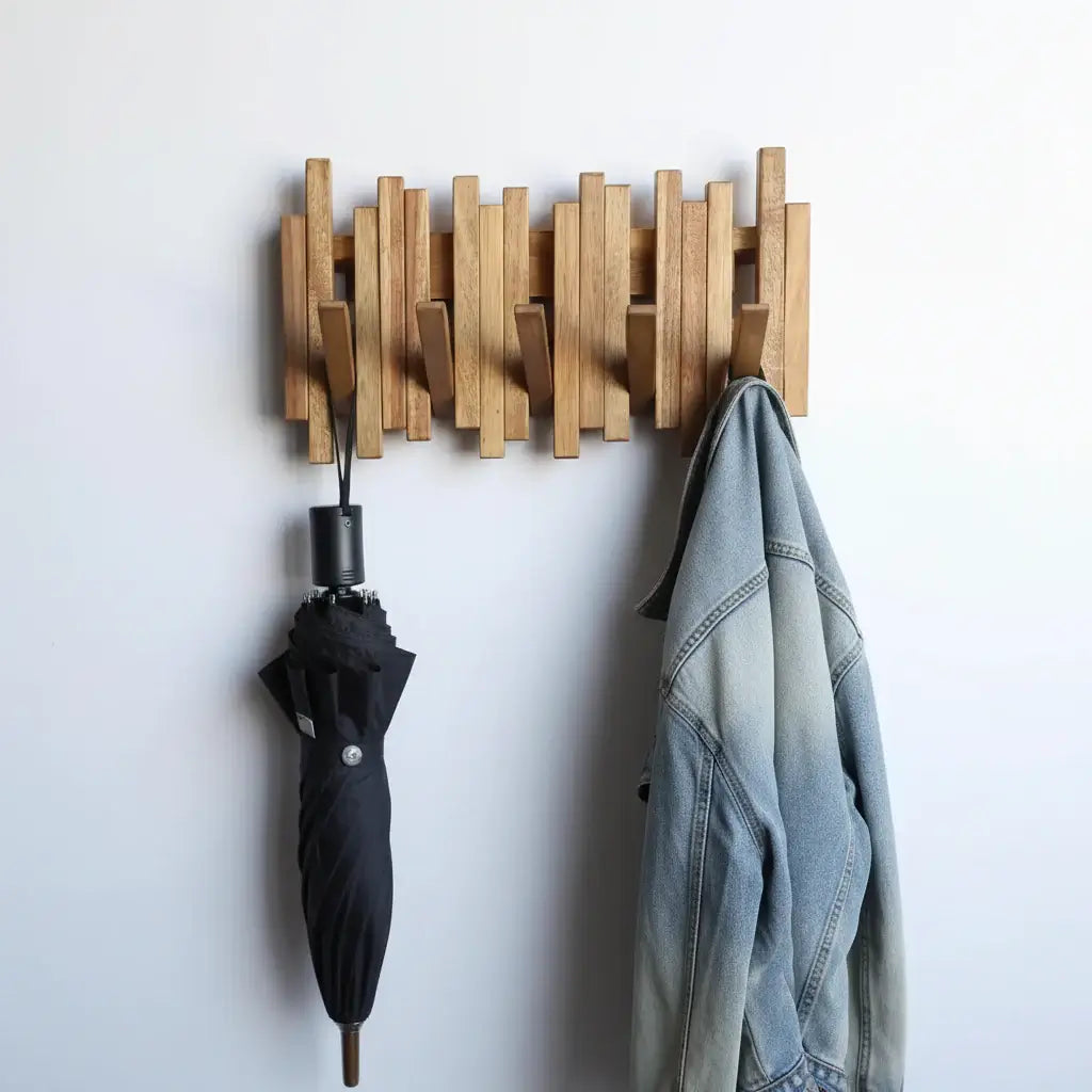 Acacia wood coat rack Wall Mounted with Flip Down Hooks, Entryway