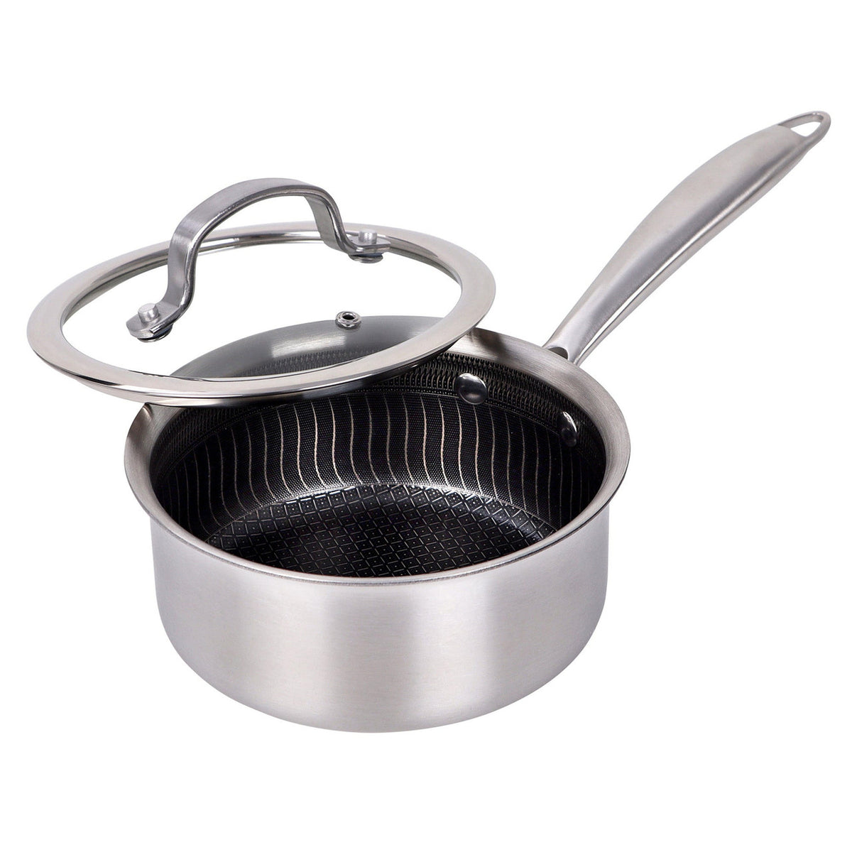 Brentwood 1.5 Quart 3-Ply Hybrid Non-Stick Stainless Steel Saucepan with Tempered Glass Lid