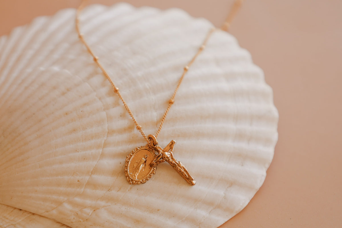Intricate Miraculous Medal and Crucifix Necklace