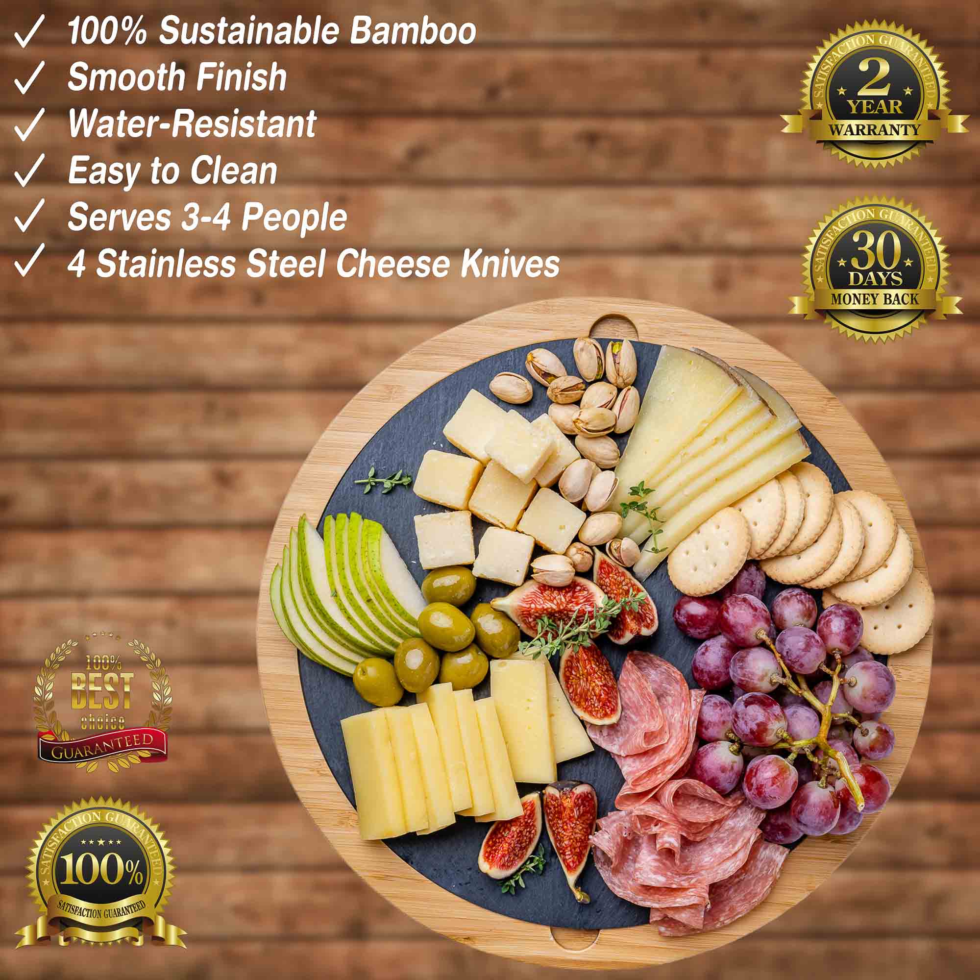 Round Bamboo Cheese Board with Knife Set and Removable Slate - 12 inch Swiveling Charcuterie Board