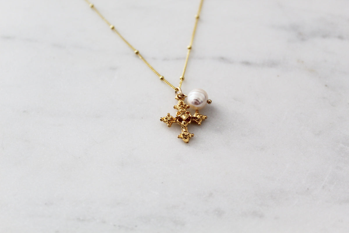 Coptic Cross & Pearl Necklace