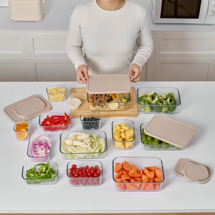 Container Culture 12-Piece Airtight Glass Food Storage Containers with Lids, 6 x 17.6oz - Cashew Cream