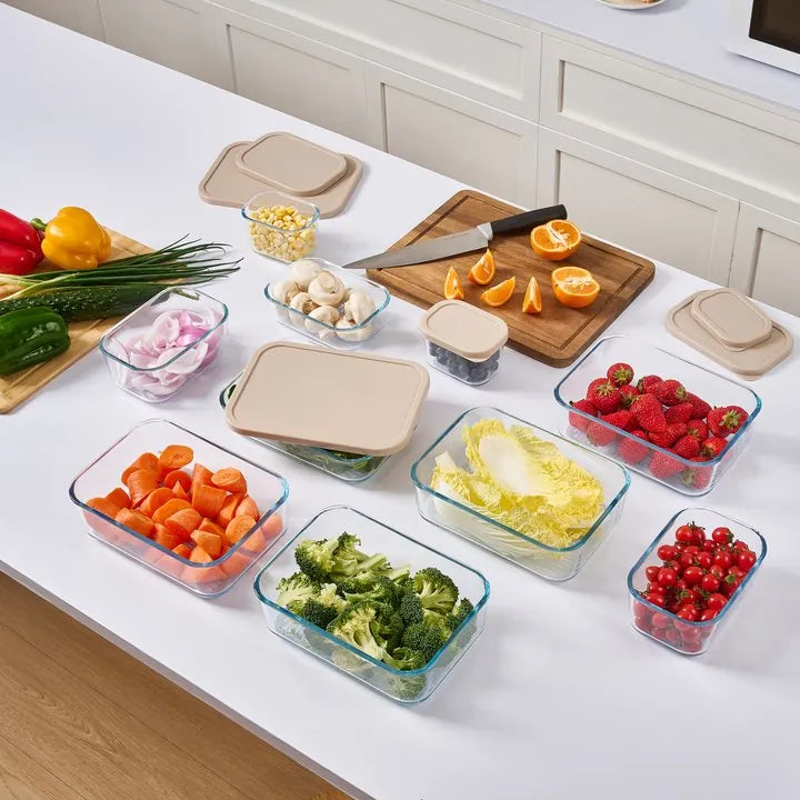 Container Culture 12-Piece Airtight Glass Food Storage Containers with Lids, 6 x 17.6oz - Cashew Cream