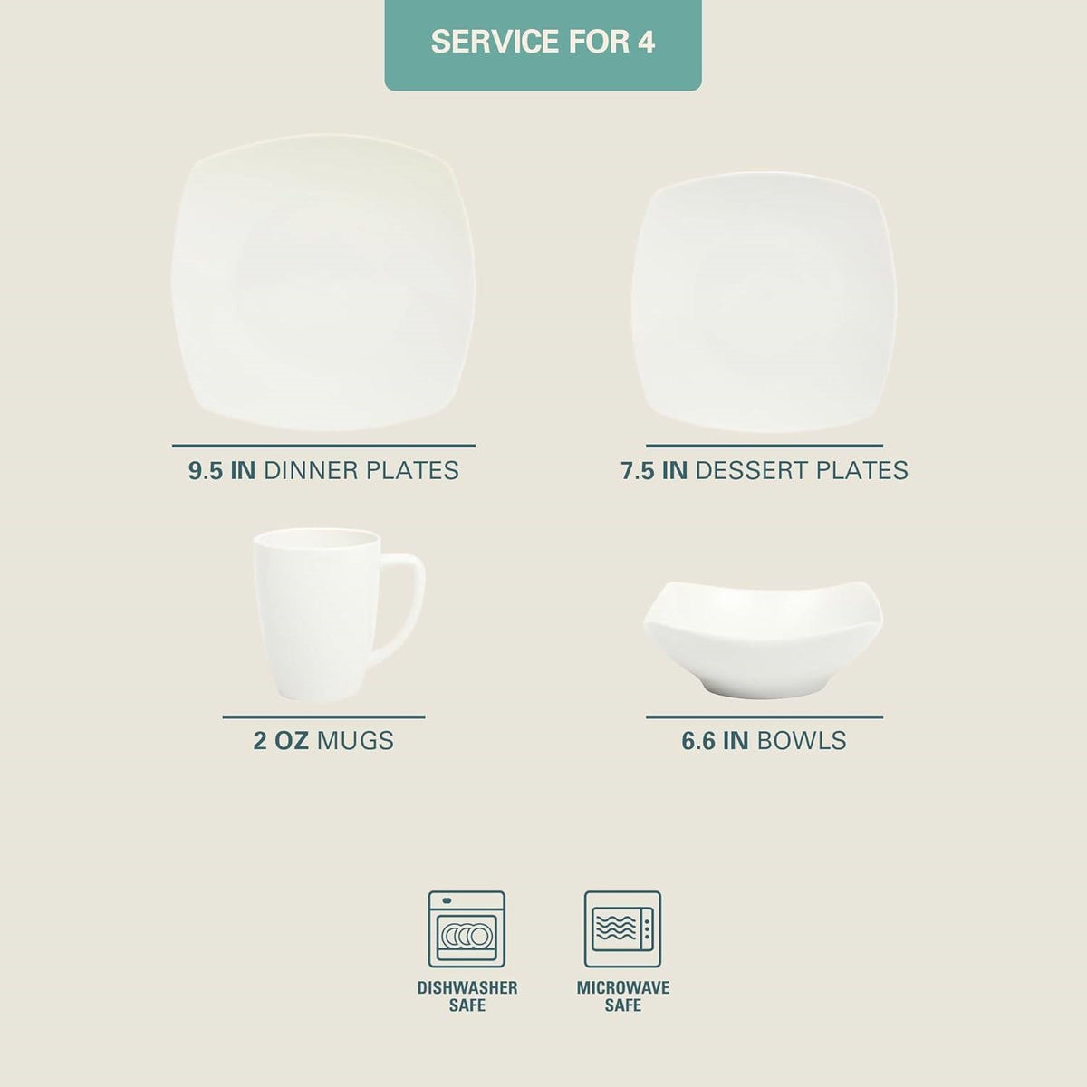 16 Pieces - White Square Porcelain Dinnerware Set - Service for 4