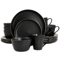 Elama Paul 16 Piece Stoneware Dinnerware Set in Matte Black with Gold Rim