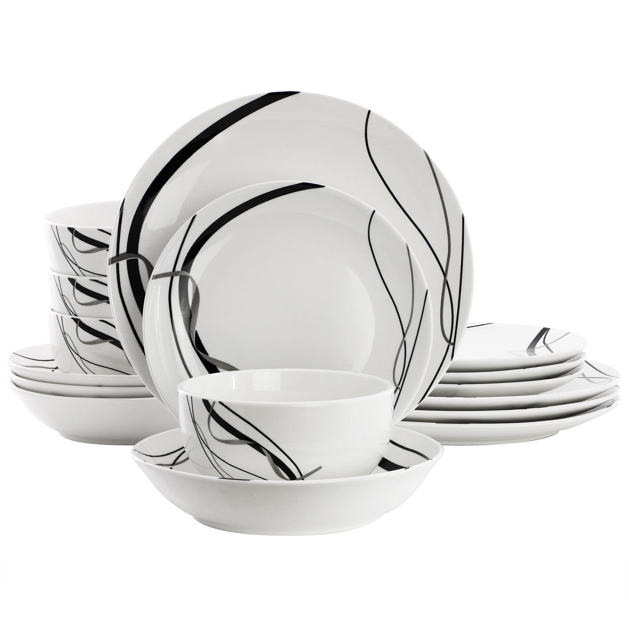 Elama Sarah 16 Piece Porcelain Black Ribbon Double Bowl Dinnerware Set, Service for 4 in White and