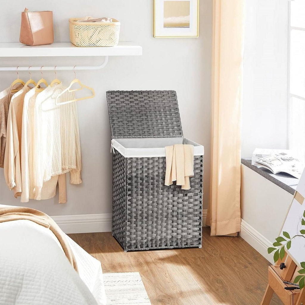 Grey Rattan Plastic Laundry Hamper Basket w/ Lid and Removable Cotton Liner Bag