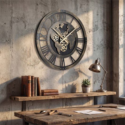 Large Wall Clock 27" Gear Clock with World Map-Brown