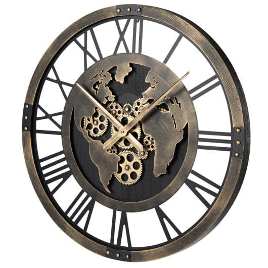 Large Wall Clock 27" Gear Clock with World Map-Brown