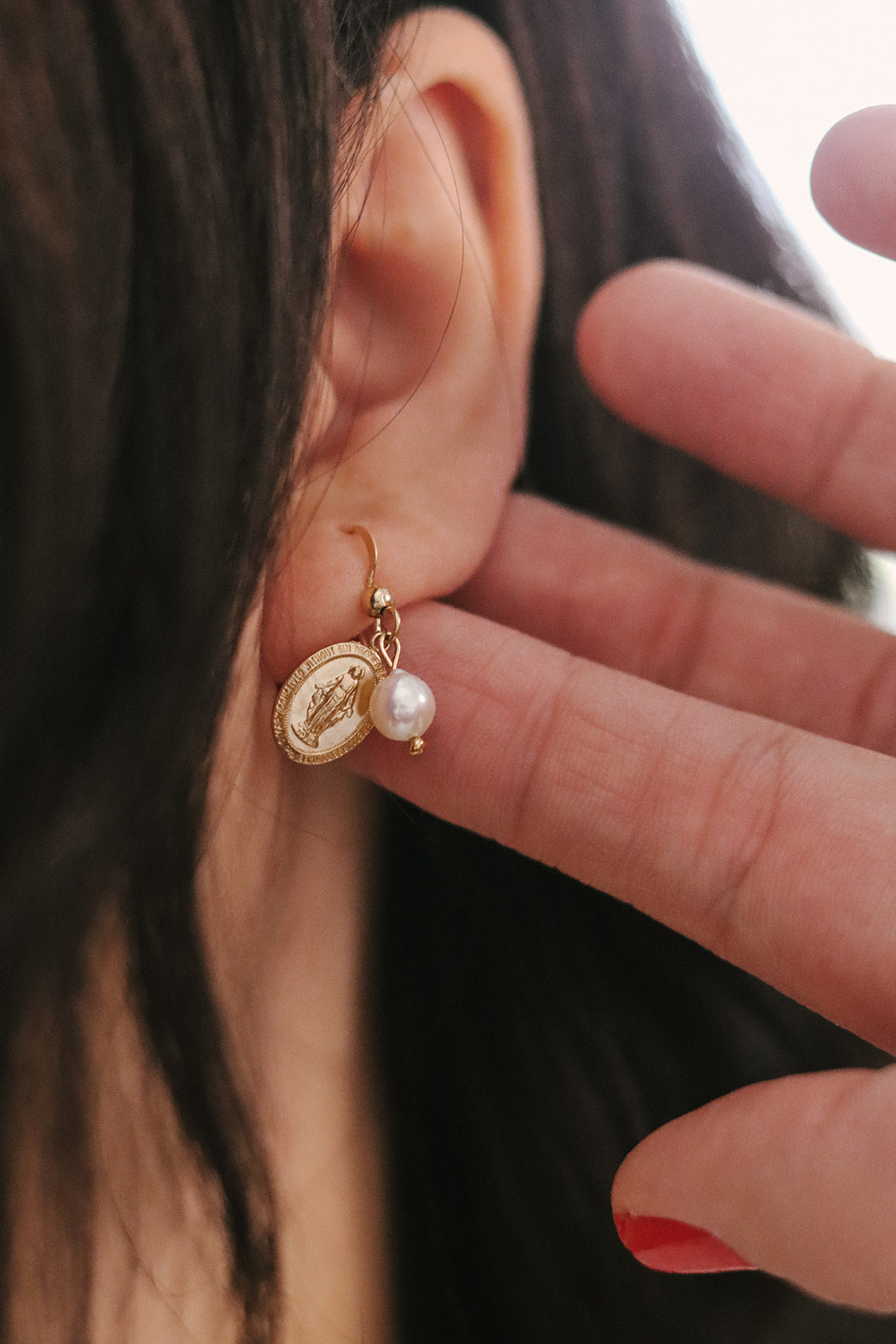 Miraculous Medal Earrings with Freshwater Pearl