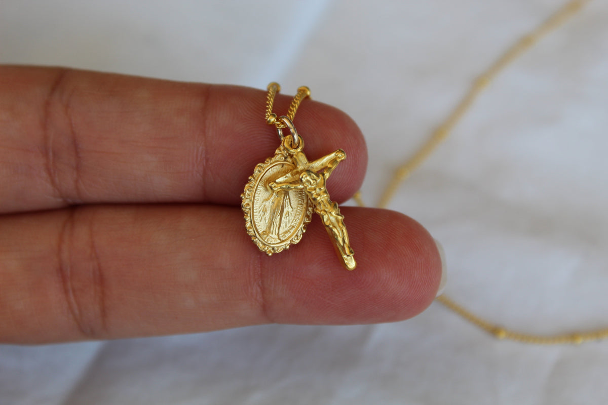 Intricate Miraculous Medal and Crucifix Necklace