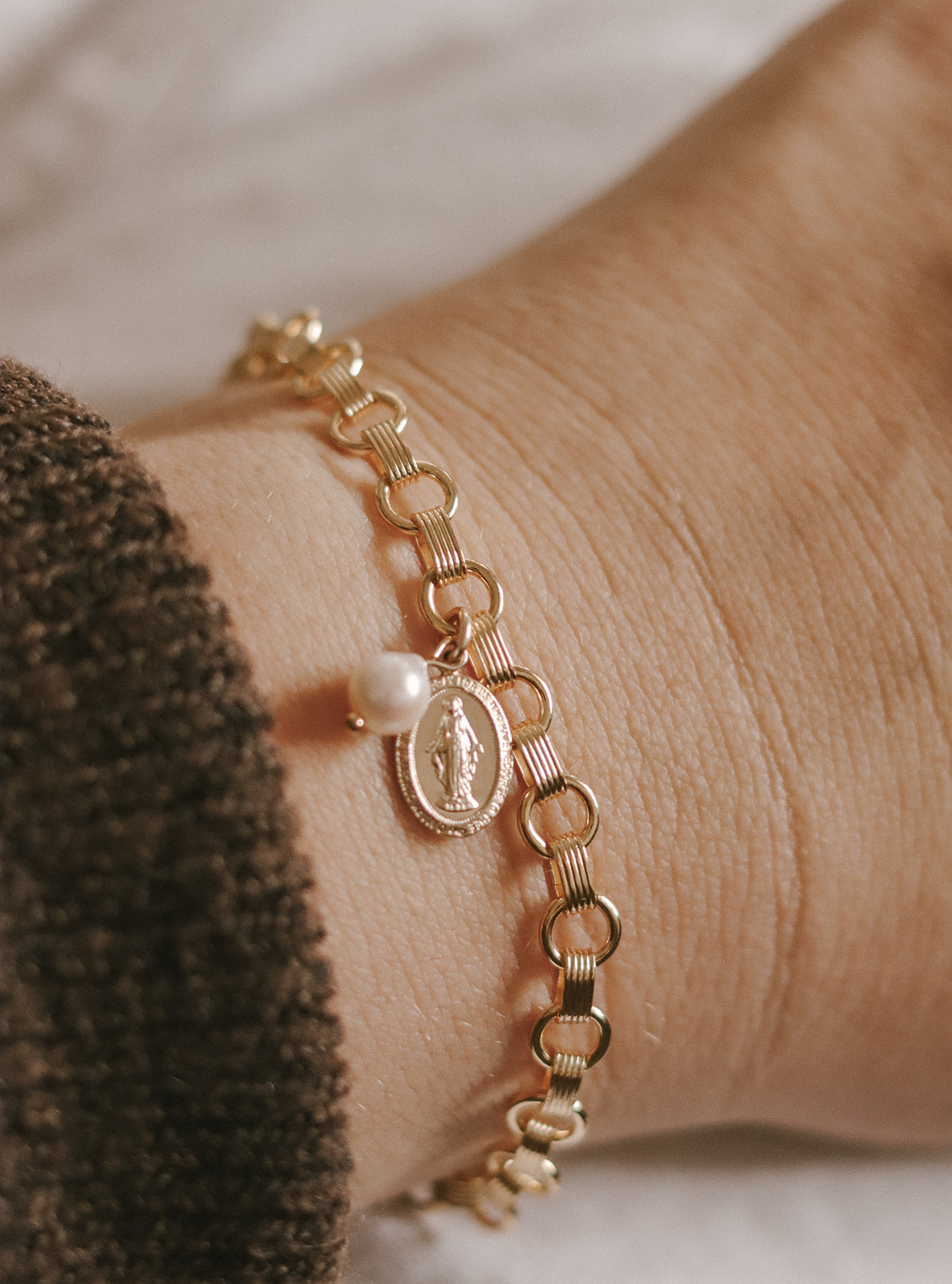 Miraculous Medal and Pearl Ring Band Bracelet