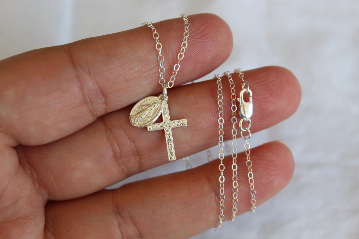 Miraculous Medal & Spanish Cross Necklace in Silver