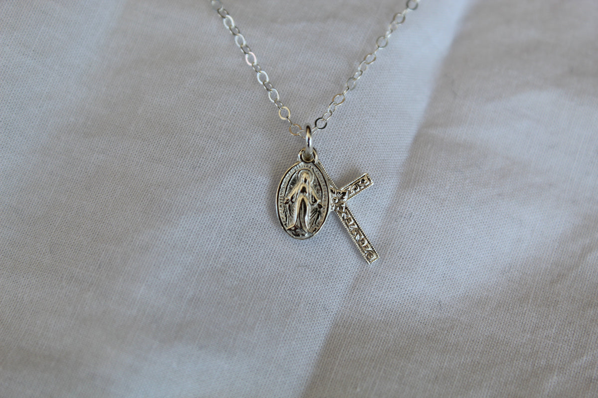 Miraculous Medal & Spanish Cross Necklace in Silver