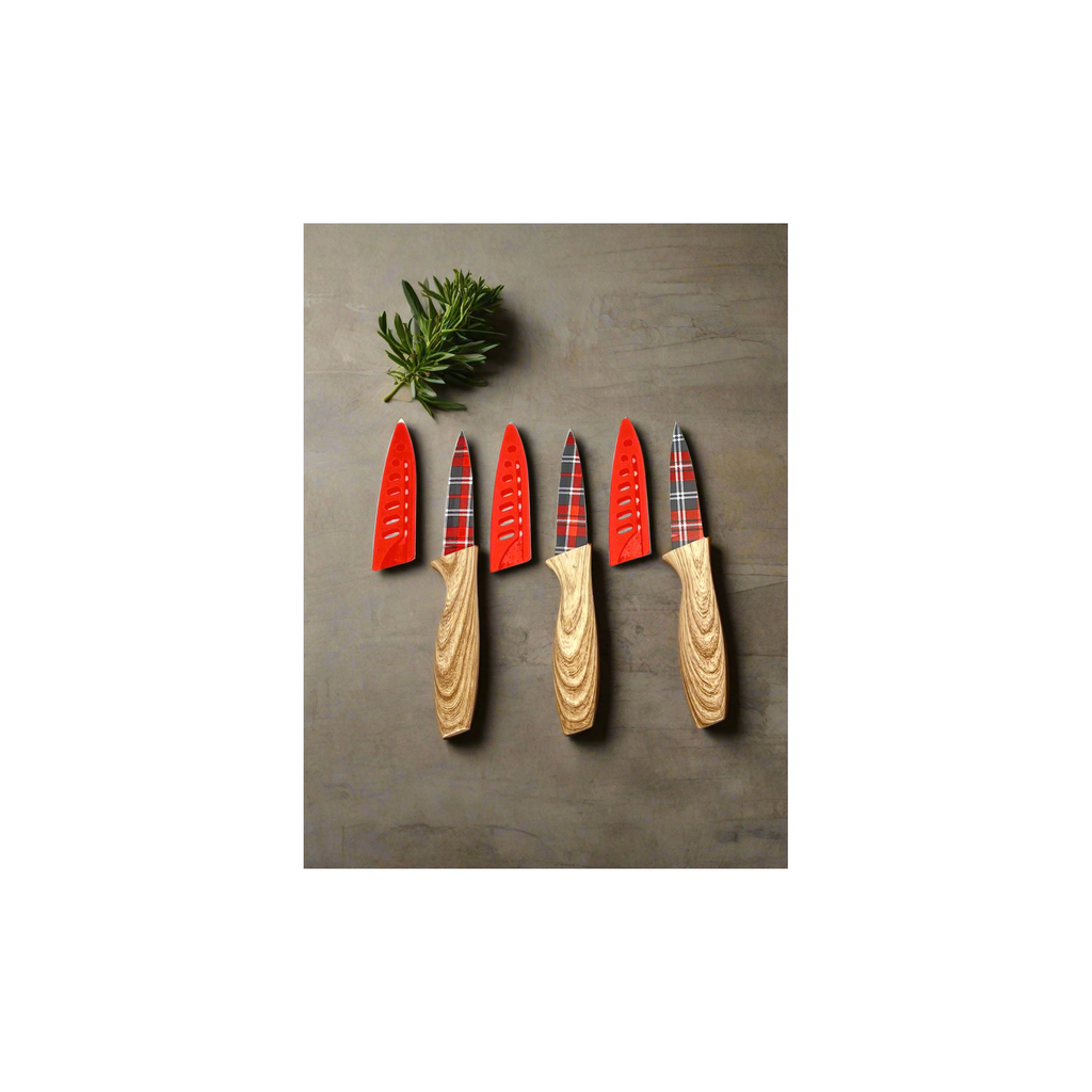 3-Piece Festive Holiday Paring Knife Set with Blade Guards, Gingham