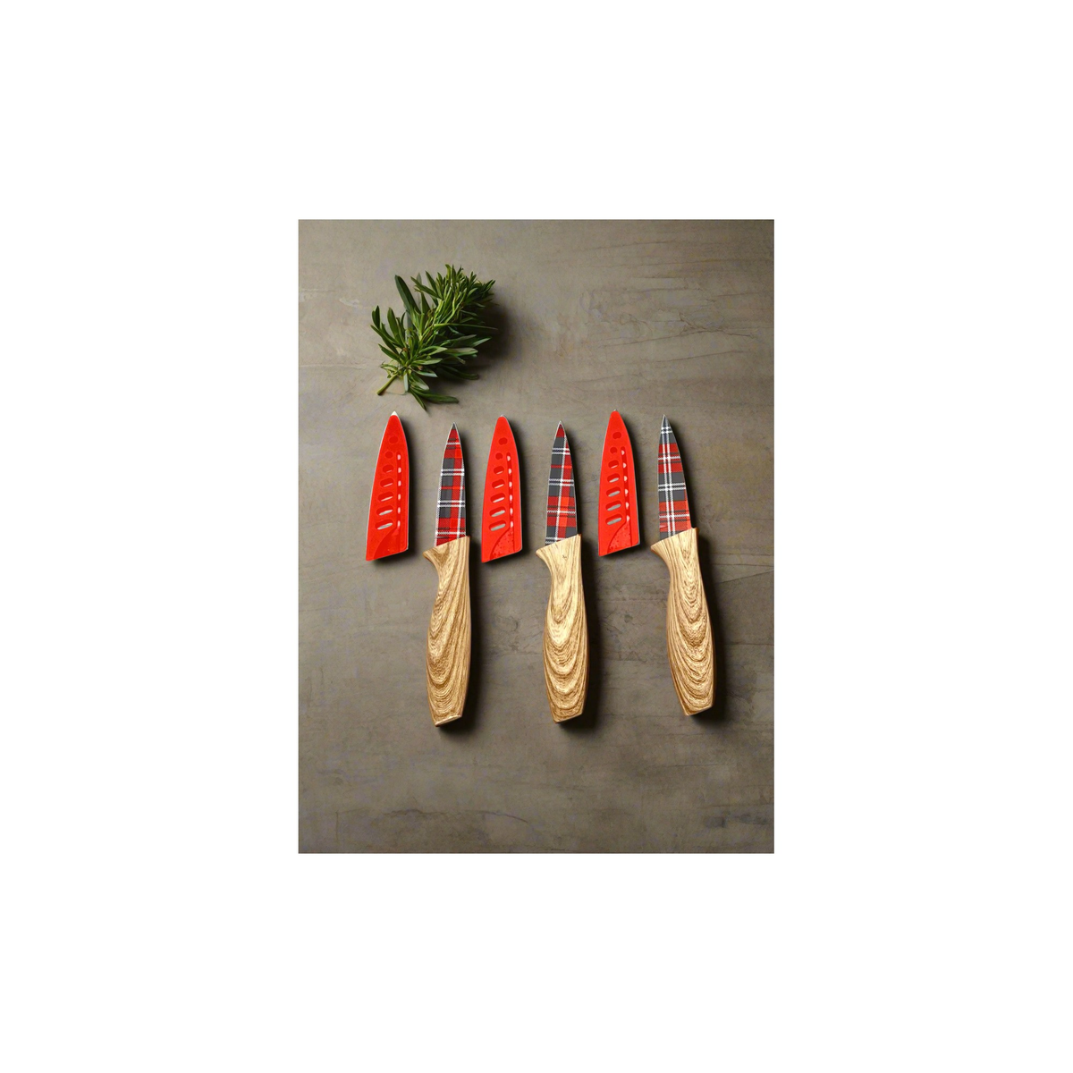 3-Piece Festive Holiday Paring Knife Set with Blade Guards, Gingham