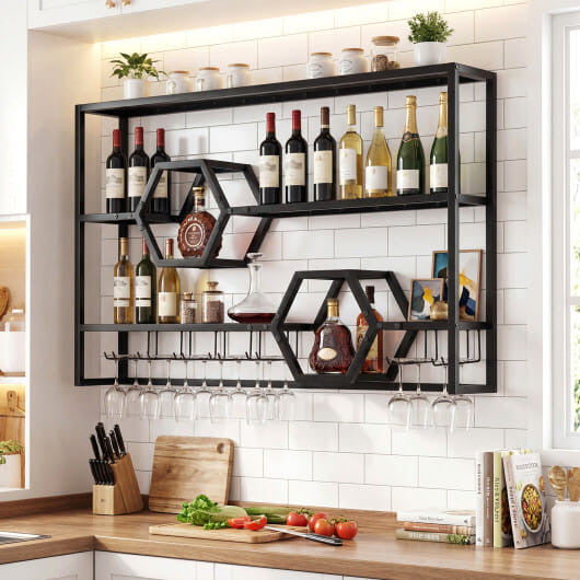 Wall Mounted Wine Rack 47" Large Floating Bar Shelves-Gold