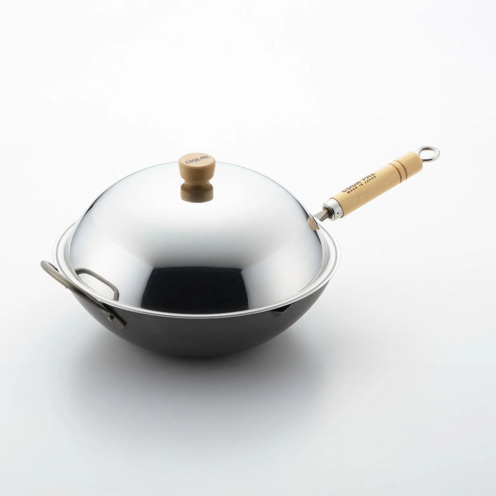 Yoshikawa 36cm Carbon Steel Wok with Stainless Steel Lid – Japan