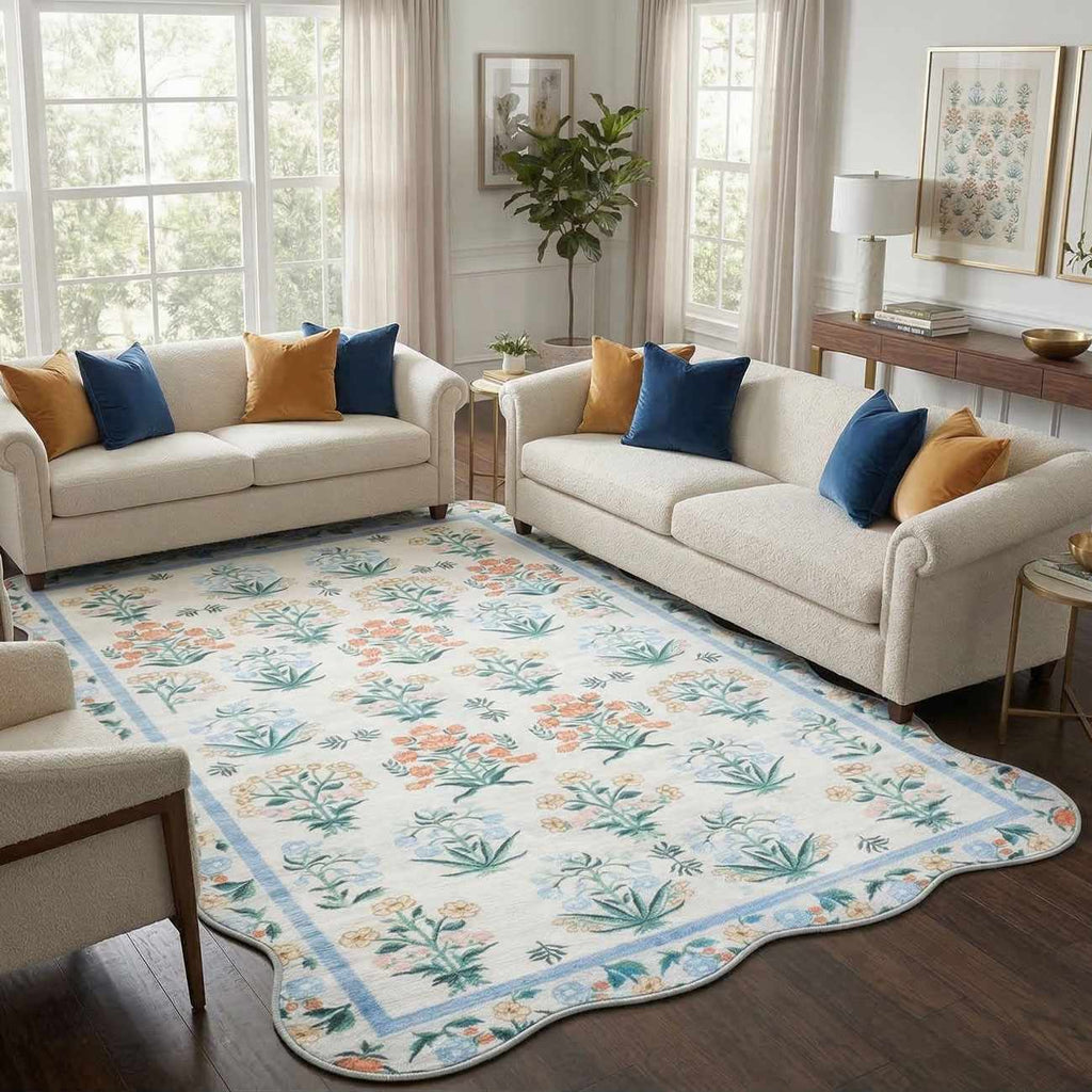 Hevua Blue Floralnature Machine Woven Polyester Washable Area Rug