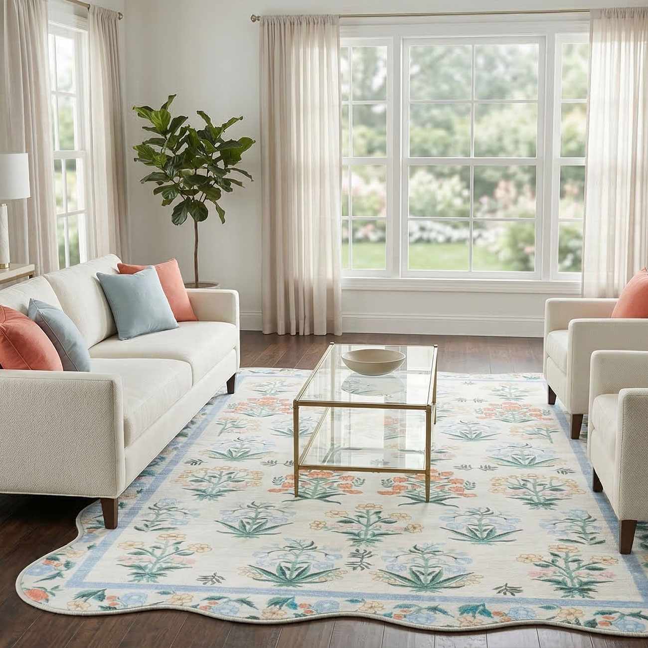 Hevua Blue Floralnature Machine Woven Polyester Washable Area Rug