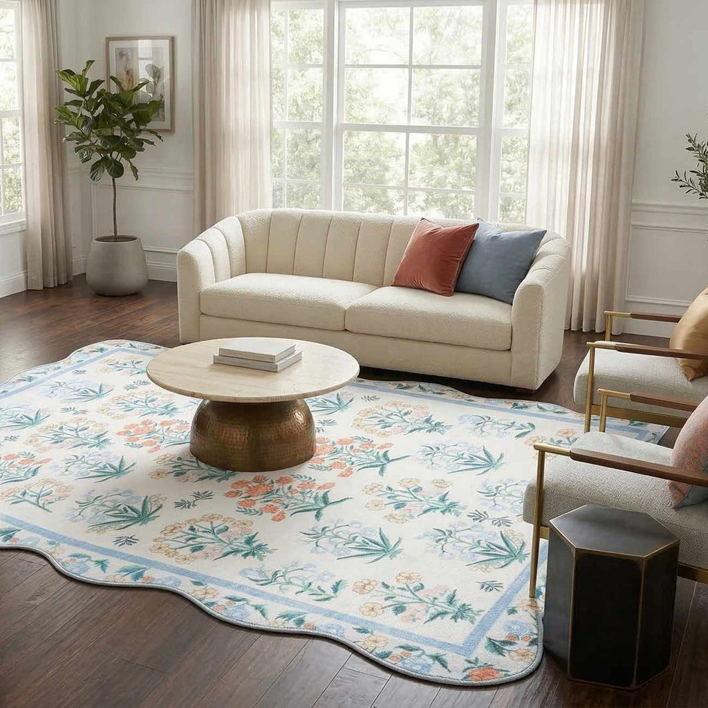 Hevua Blue Floralnature Machine Woven Polyester Washable Area Rug