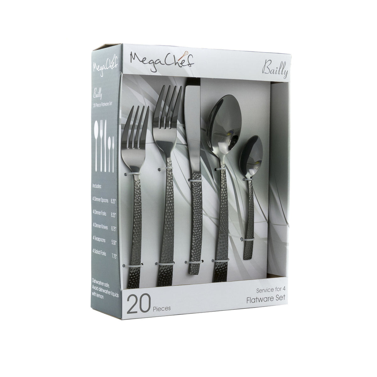MegaChef Baily 20 Piece Flatware Utensil Set, Stainless Steel Silverware Metal Service for 4 in Bla