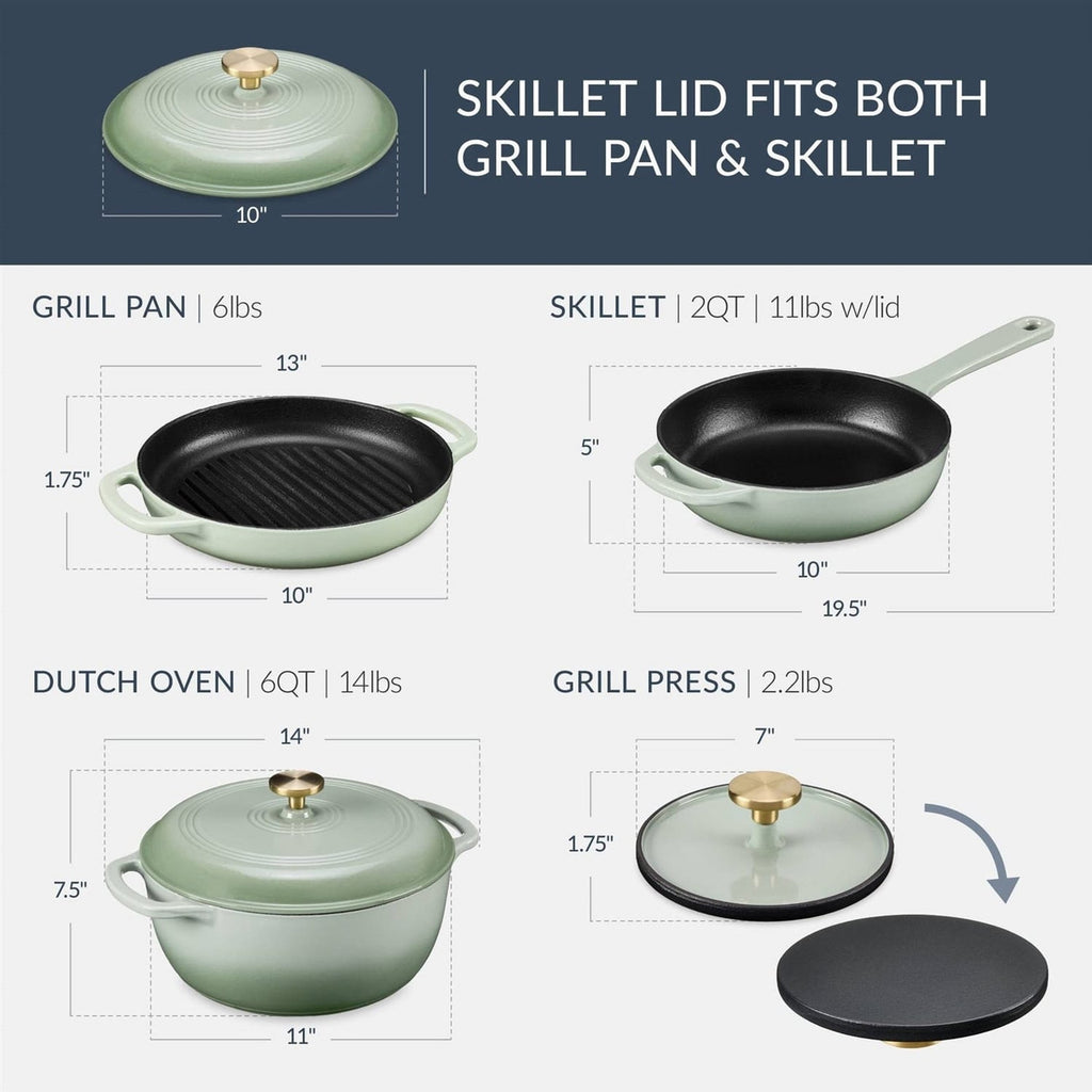 Sage 6-Piece Non-Stick Cast Iron Cookware Set - Skillet Grill Pan Dutch Oven