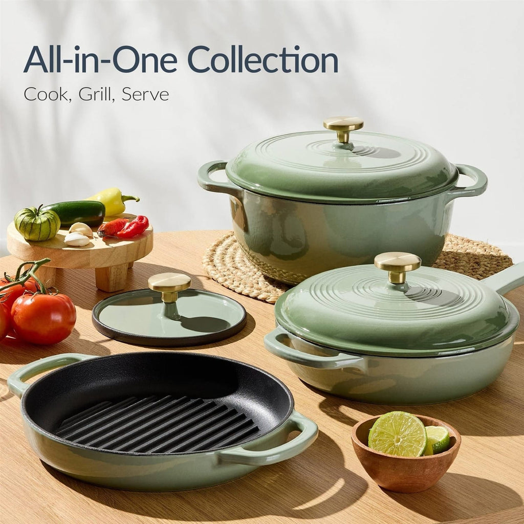 Sage 6-Piece Non-Stick Cast Iron Cookware Set - Skillet Grill Pan Dutch Oven