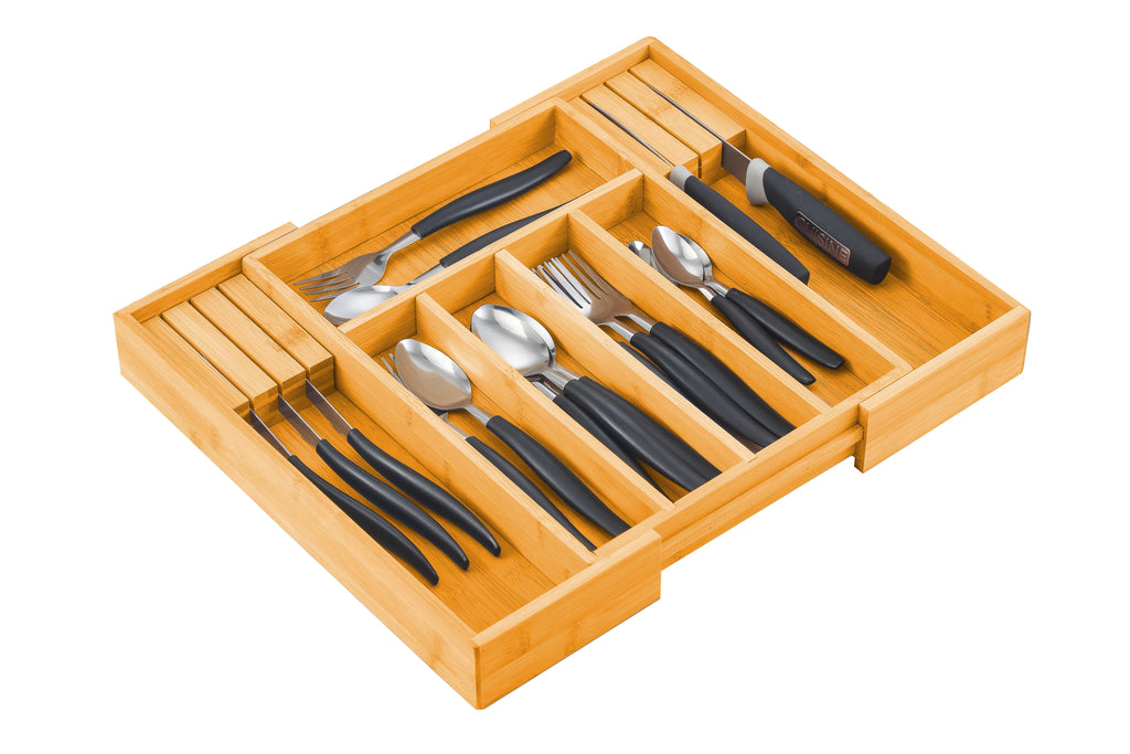 NNEDSZ Large Capacity Bamboo Expandable Drawer Organizer with Knife Block Holder for Home Kitchen Utensils