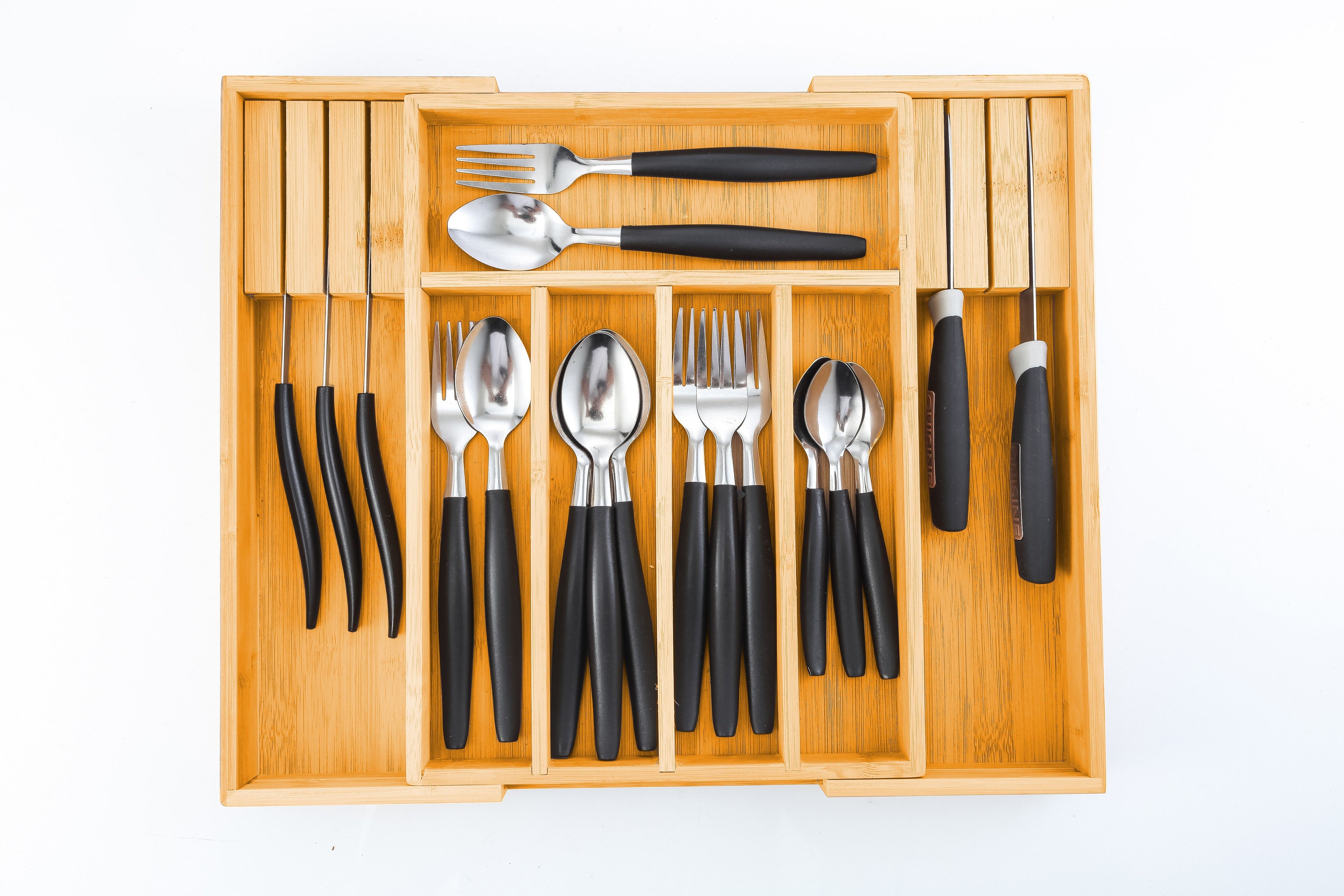 NNEDSZ Large Capacity Bamboo Expandable Drawer Organizer with Knife Block Holder for Home Kitchen Utensils