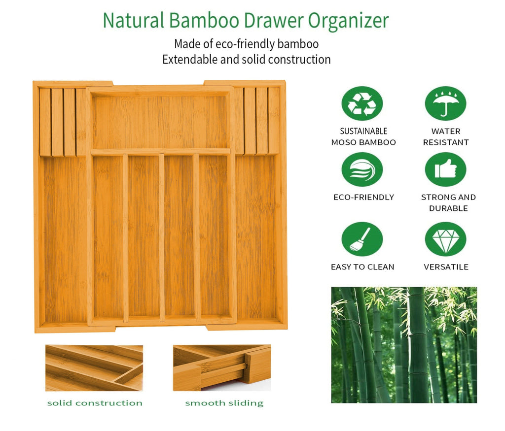 NNEDSZ Large Capacity Bamboo Expandable Drawer Organizer with Knife Block Holder for Home Kitchen Utensils