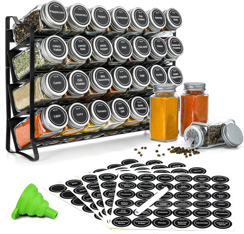 NNEDSZ Spice Rack organiser with 28 Spice Jars, Spice Labels, Funnel and Marker for Kitchen Countertop