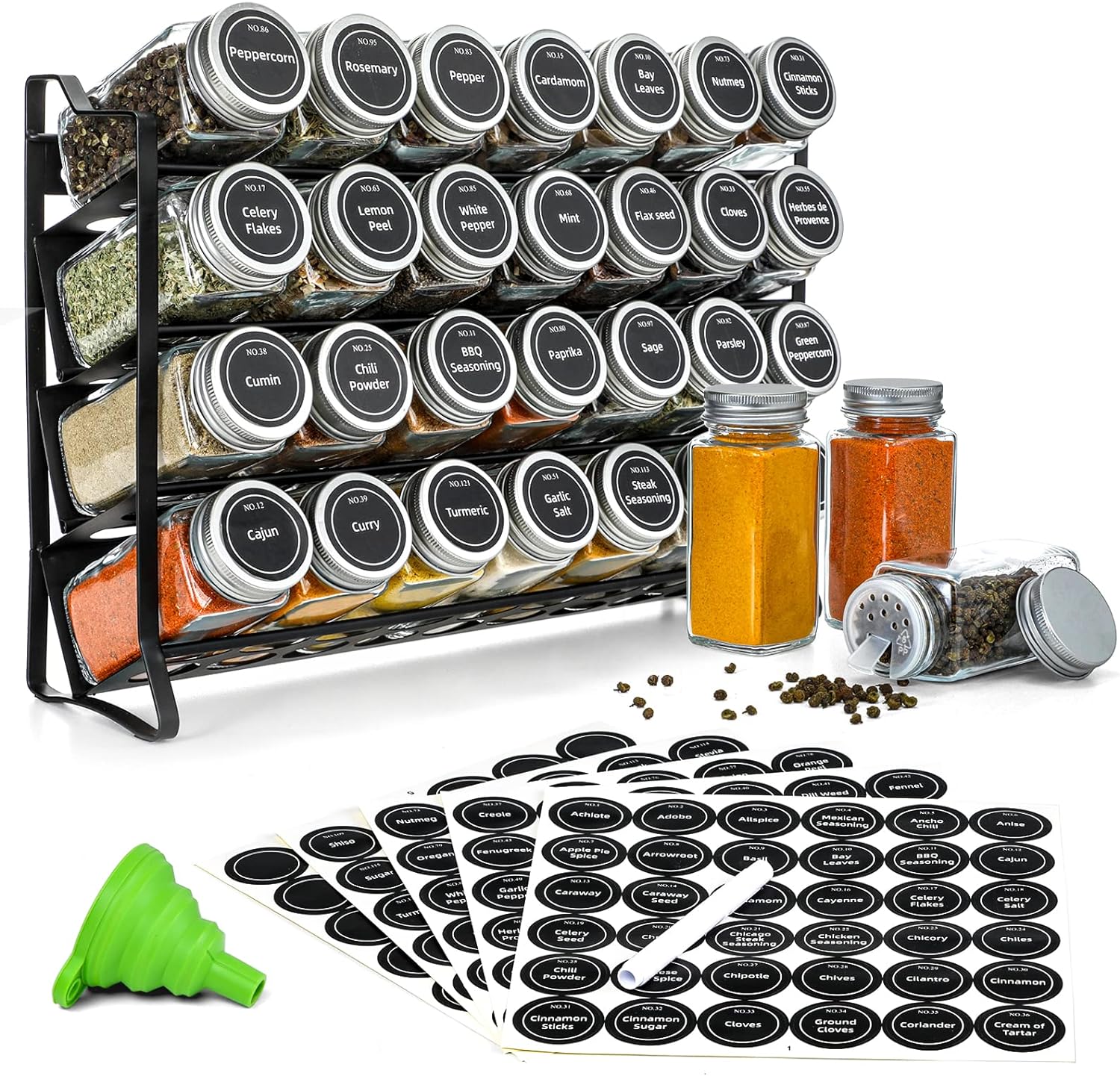 NNEDSZ Spice Rack organiser with 28 Spice Jars, Spice Labels, Funnel and Marker for Kitchen Countertop