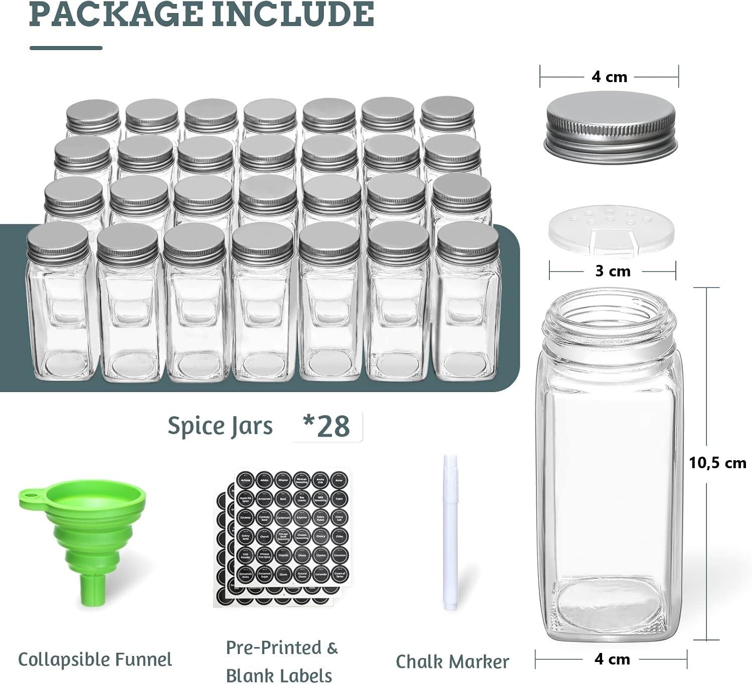 NNEDSZ Spice Rack organiser with 28 Spice Jars, Spice Labels, Funnel and Marker for Kitchen Countertop