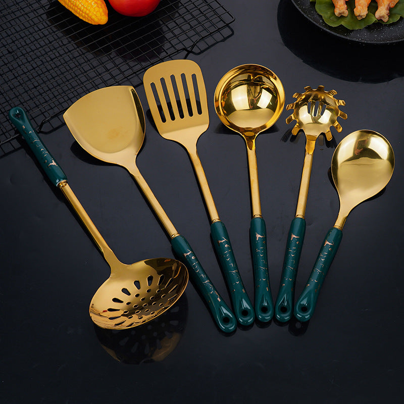 NNEDSZ Black Gold Stainless Steel Kitchen Utensil Set - 7-Piece Golden Cooking Tools with Stand