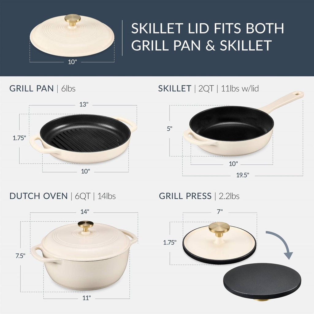 Cream 6-Piece Non-Stick Cast Iron Cookware Set - Skillet Grill Pan Dutch Oven